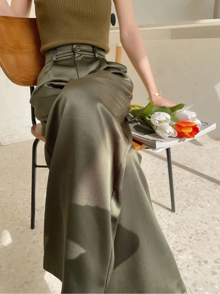Spring Satin Wide-leg Pant for Women High Waist Suit Straight Pant Full Length Solid Office Lady Fashion Casual Women's Trousers