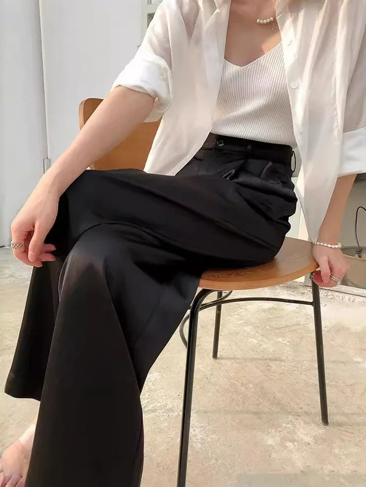 Spring Satin Wide-leg Pant for Women High Waist Suit Straight Pant Full Length Solid Office Lady Fashion Casual Women's Trousers