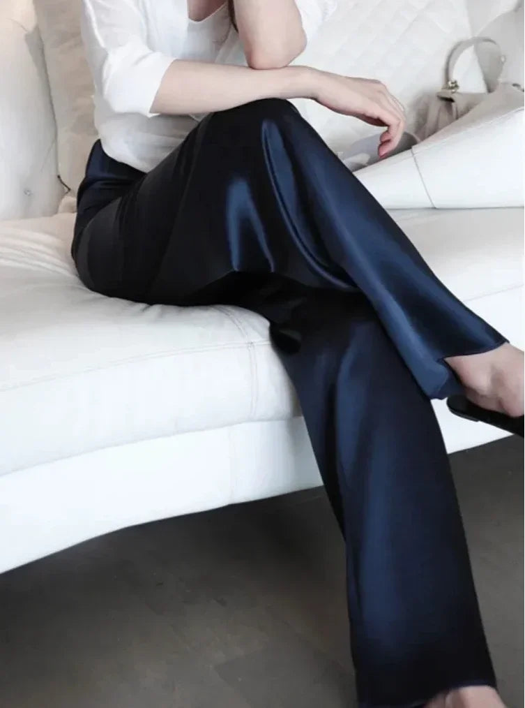 Spring Satin Wide-leg Pant for Women High Waist Suit Straight Pant Full Length Solid Office Lady Fashion Casual Women's Trousers