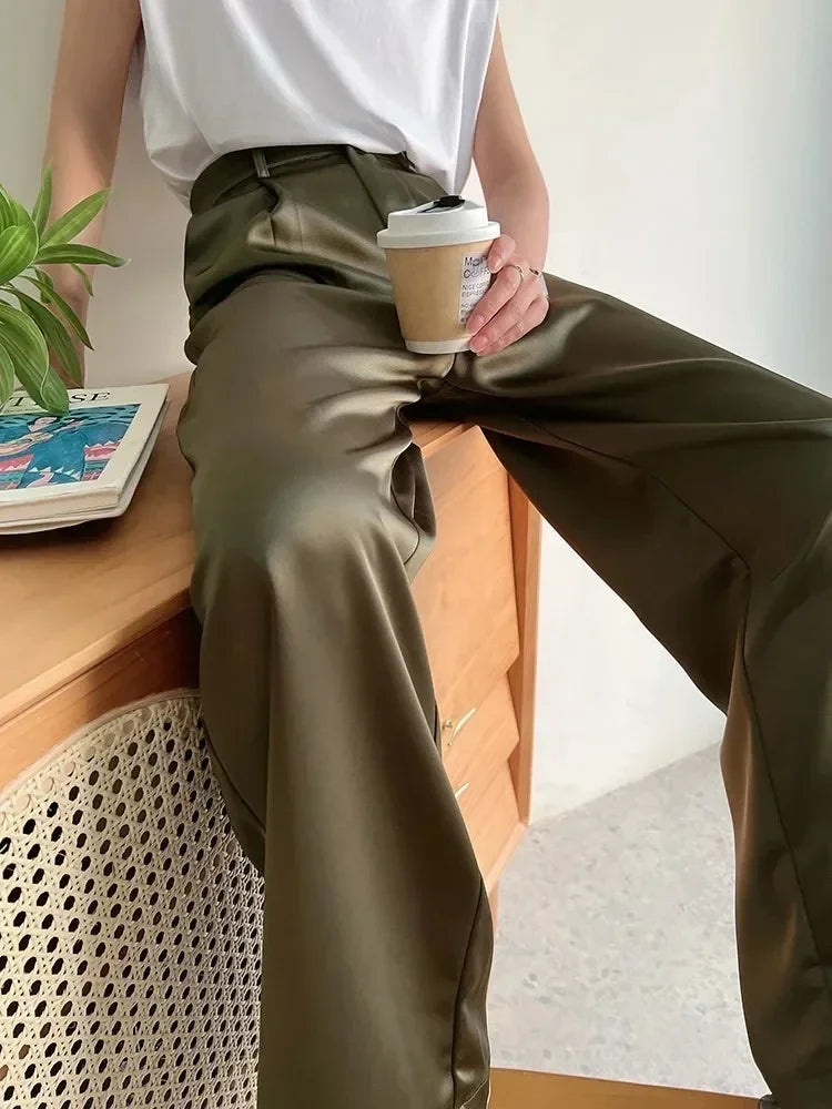 Spring Satin Wide-leg Pant for Women High Waist Suit Straight Pant Full Length Solid Office Lady Fashion Casual Women's Trousers