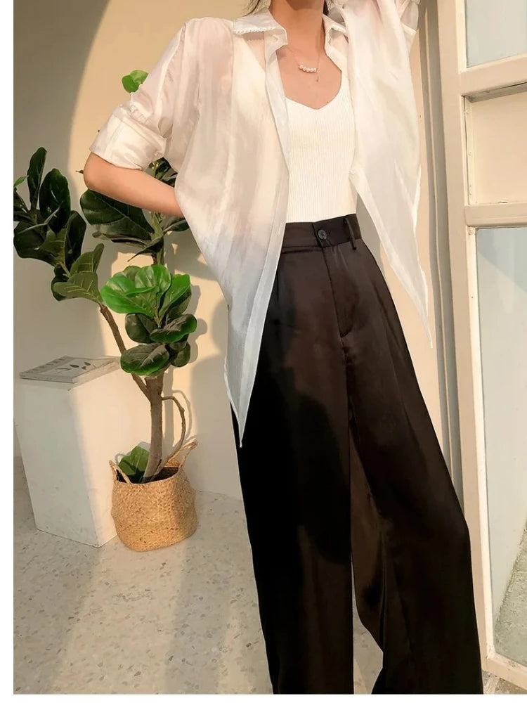 Spring Satin Wide-leg Pant for Women High Waist Suit Straight Pant Full Length Solid Office Lady Fashion Casual Women's Trousers