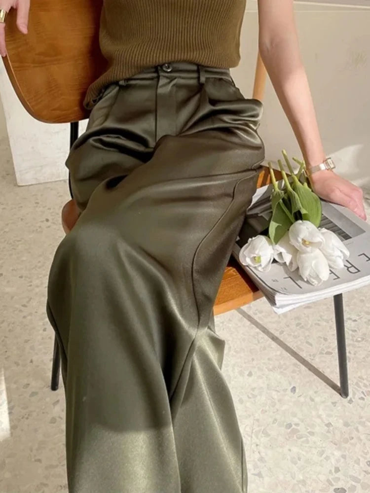 Spring Satin Wide-leg Pant for Women High Waist Suit Straight Pant Full Length Solid Office Lady Fashion Casual Women's Trousers