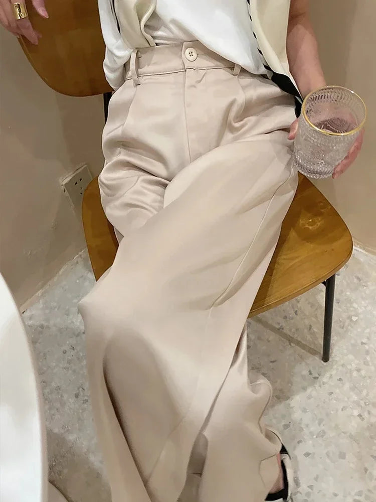 Spring Satin Wide-leg Pant for Women High Waist Suit Straight Pant Full Length Solid Office Lady Fashion Casual Women's Trousers