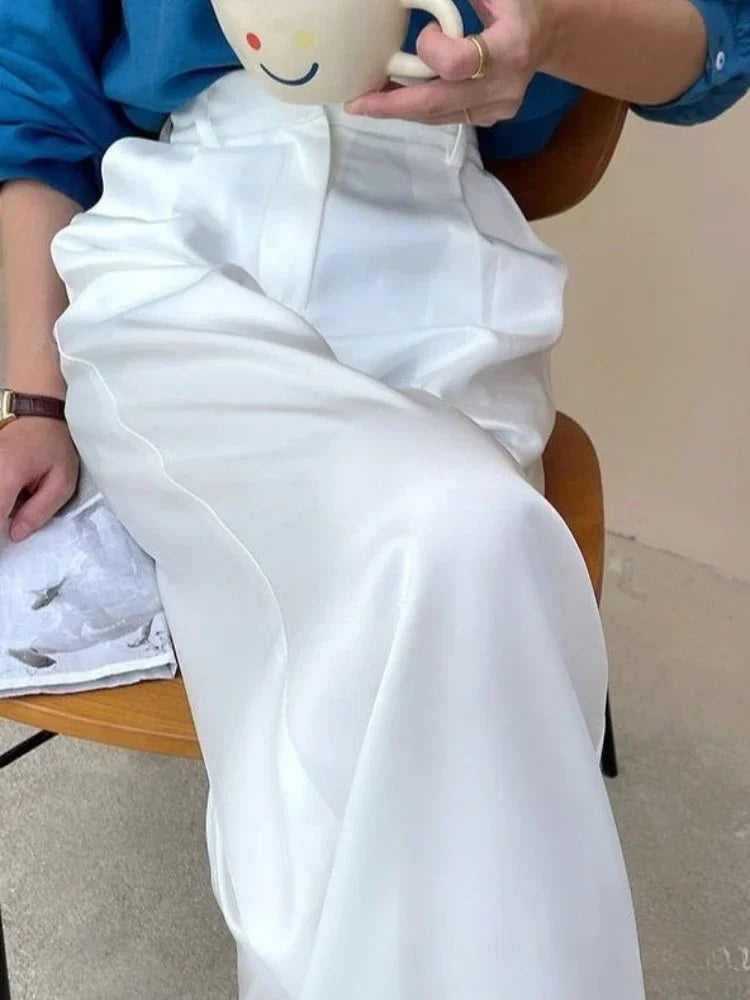 Spring Satin Wide-leg Pant for Women High Waist Suit Straight Pant Full Length Solid Office Lady Fashion Casual Women's Trousers