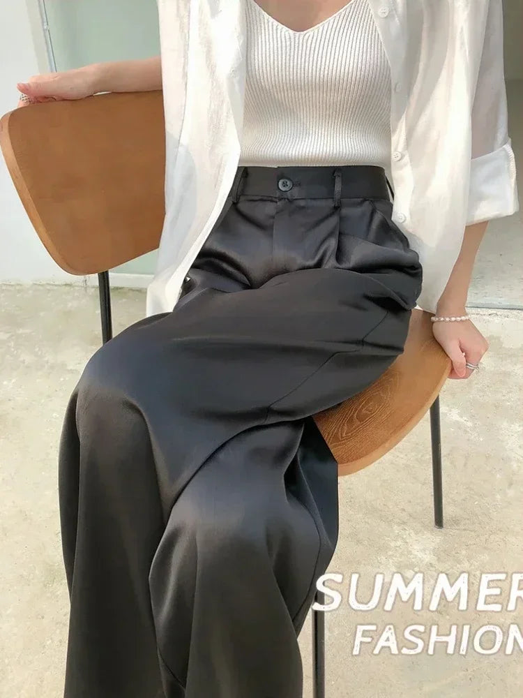 Spring Satin Wide-leg Pant for Women High Waist Suit Straight Pant Full Length Solid Office Lady Fashion Casual Women's Trousers